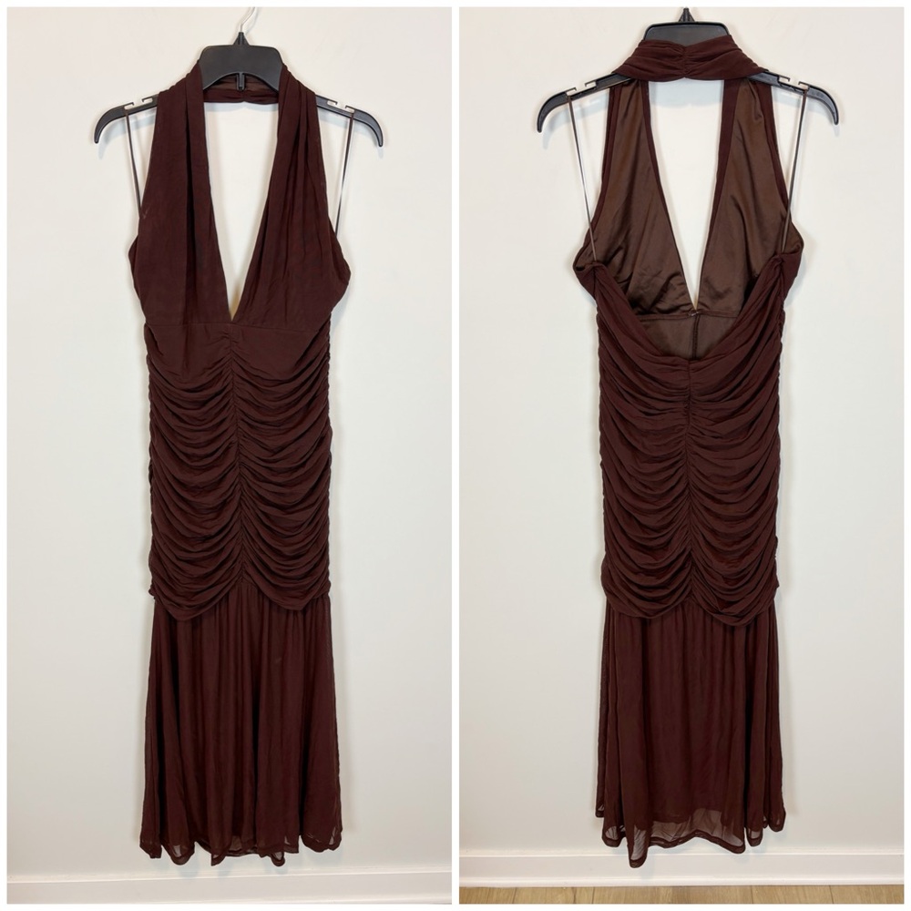 Bardot x REVOLVE Sephera Halter Mesh Midi Dress in Chocolate Size 12 - Picture 2 of 14